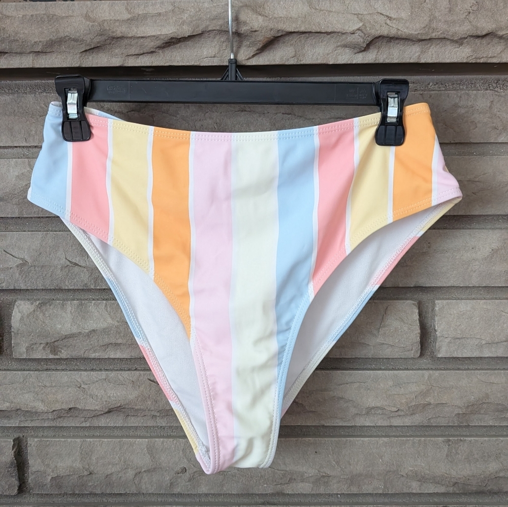 Pink Lily Striped Pastel High-Cut Bikini Bottoms Size Medium